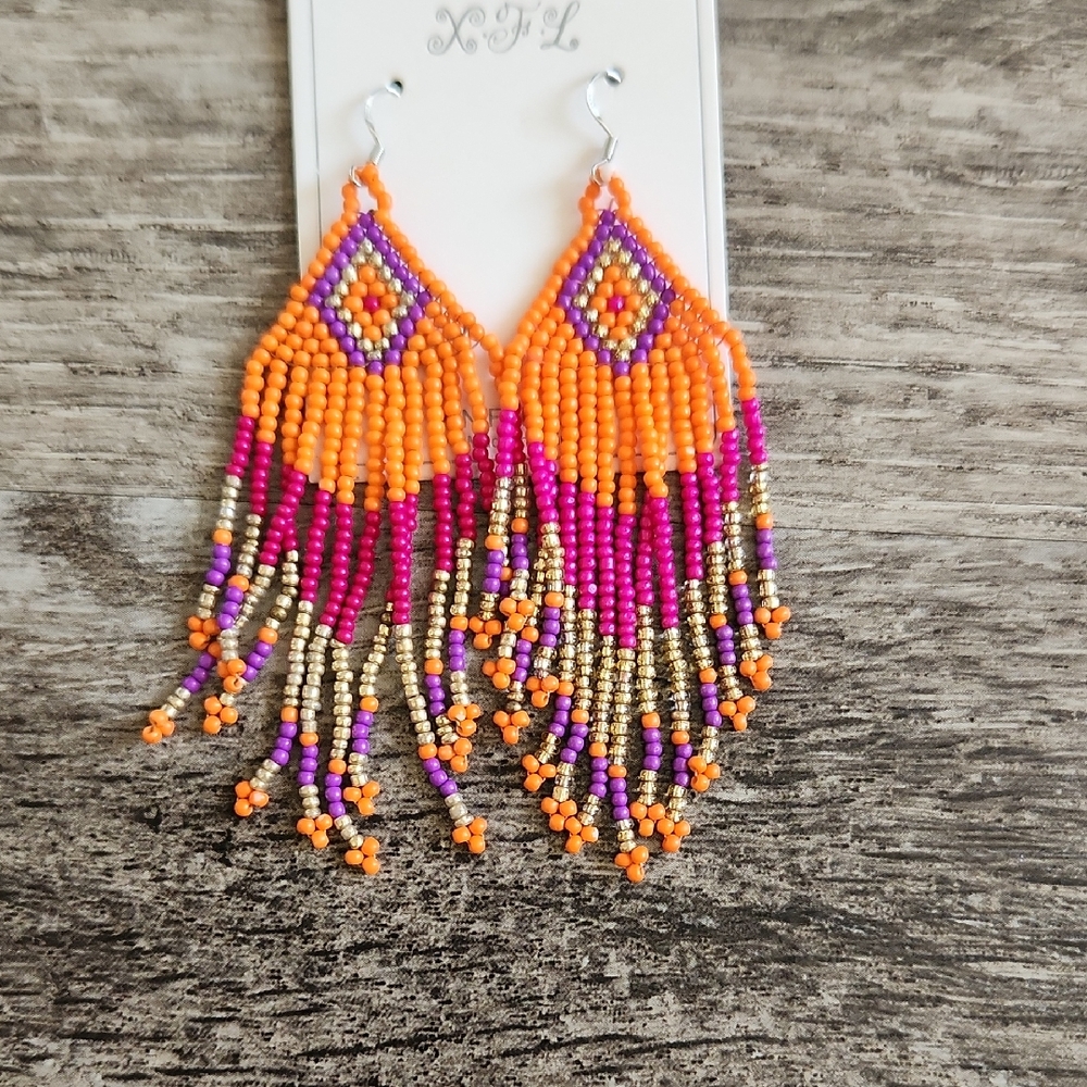 NWT Orange/purple Beaded Fringe Dangle Earrings